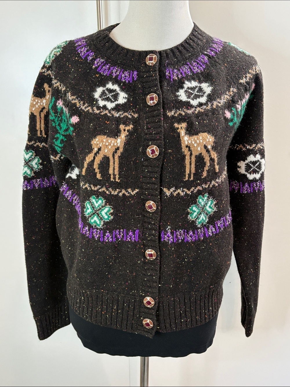 Vintage CHANEL Deer Fair Isle Cashmere Cardigan Knit Sweater Jeweled Buttons 40